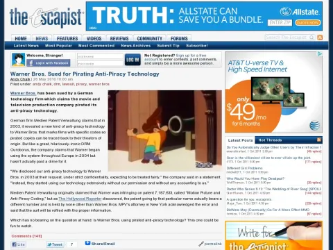 www.escapistmagazine.com news view 100937-Warner-Bros-Sued-for-Pirating-Anti-Piracy-Technology