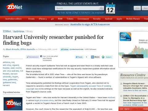 www.zdnet.com.au news security soa Harvard_University_researcher_punished_for_finding_bugs 0,2000061744,39240570,00.htm